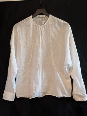 Zara White Ramie Beaded Embroidered Blouse Small Sheer Boho Long Sleeve Top